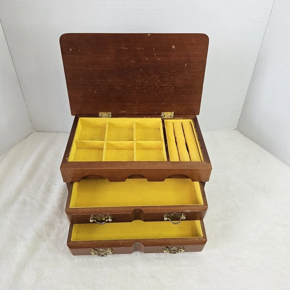 Vintage Retro Brown Wooden Jewelry Box w/ Drawers Mini Dresser Style